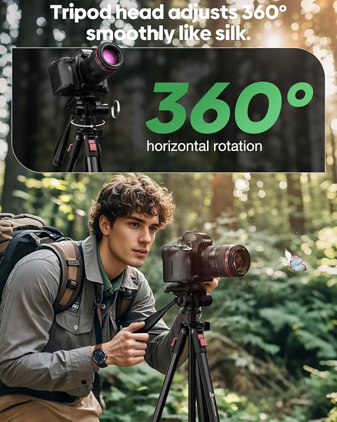 JOBFRI 68" Lightweight Camera Tripod Stand, Compact Portable Travel Aluminum Tripod for DSLR/SLR, Compatible with Canon/Nikon/Phone (Supports 8.8 lbs, Weighs 2.46 lbs) Black