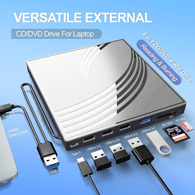BPAKDU External CD/DVD Drive for Laptop, Ultra Slim CD Burner USB 3.0 Hub with 4 USB Ports, 2 TF/SD Card Slots,1 Type-C Port,DVD Player for Laptop Compatible with mac OS/Windows/Linux (Silver)