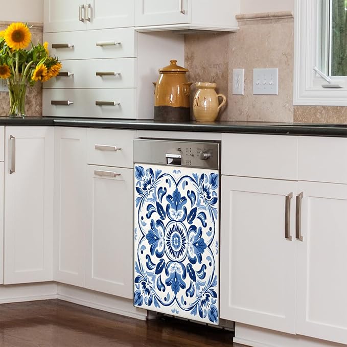 Dishwasher Magnet Cover Blue Ethnic Flower Paisley Reusable Dishwasher Magnetic Cover Sticker Decorative Dish Washer Door Cover Panel for Home Kitcen Appliance, 21x26 in