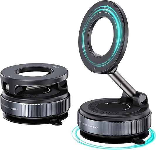 CARMOUNT Clutch-X™ Black – Vacuum Phone Mount Suction Cup Car Phone Holder for iPhone, Window Phone Mount for Travel, 360° Vacuum Magnetic Phone Holder for Car, Magnetic Phone Holder with Suction Cup