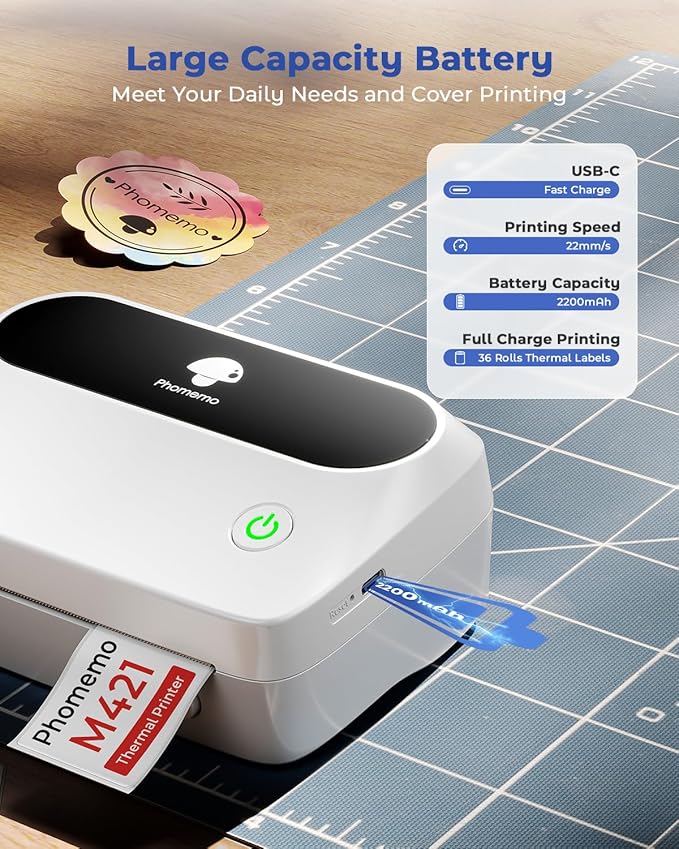 Phomemo Label Printer, Bluetooth M421 4 x 6 Shipping Label Printer, Thermal Portable Printers for Shipping, Warehouse, Barcode, Address,Compatible with Phone & PC