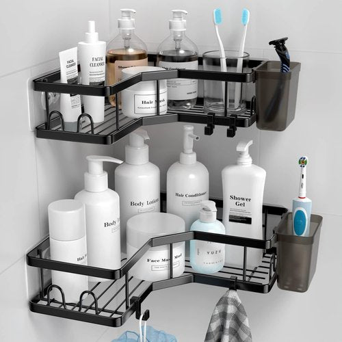 AKTECKE Corner Shower Caddy - 2 Pack Adhesive Organizer Shelves | No-Drill Stainless Steel Storage Rack for 90° Corners