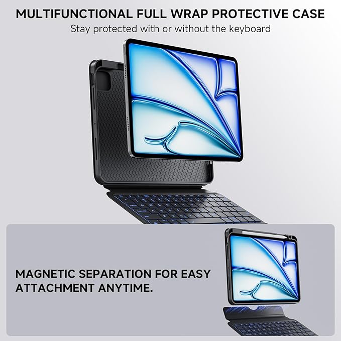 Tiaota for iPad Pro 11-inch (M4, 2024) Keyboard Case with Multi-Touch Trackpad, 360° Rotating Magnetic Stand, Detachable Protective Cover, Portrait & Raised Modes, 7-Color Backlight – Black
