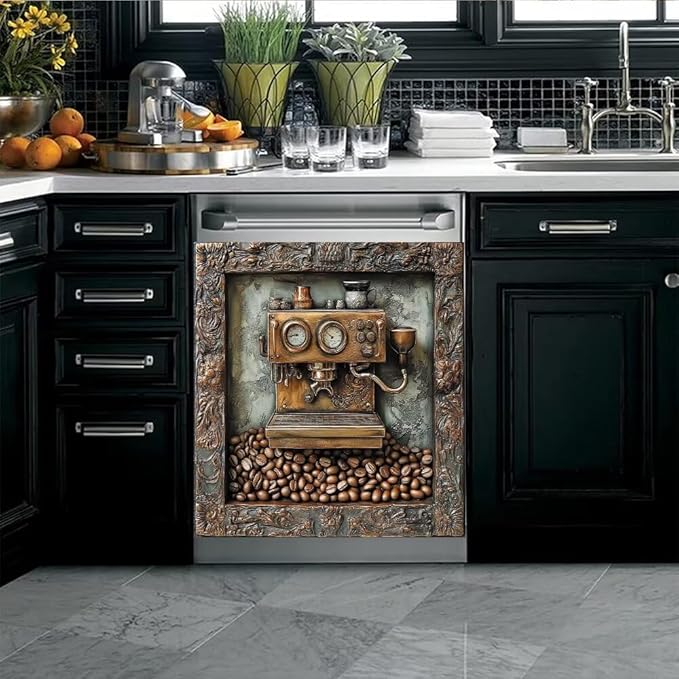 Retro Coffee Machine Dishwasher Magnet Cover, Dish Washer Cover for Kitchen Decor, Easily Trimmable Dishwasher Sticker Refrigerator Magnetic Cover 23Ã26 in