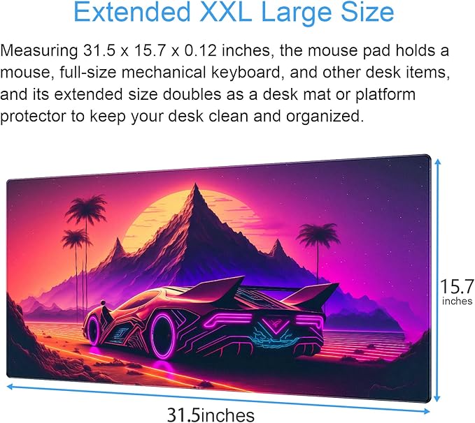 Synthwave Desk Mat, Retro Car XXL Large Gaming Mouse Pad 31.5x15.7 in