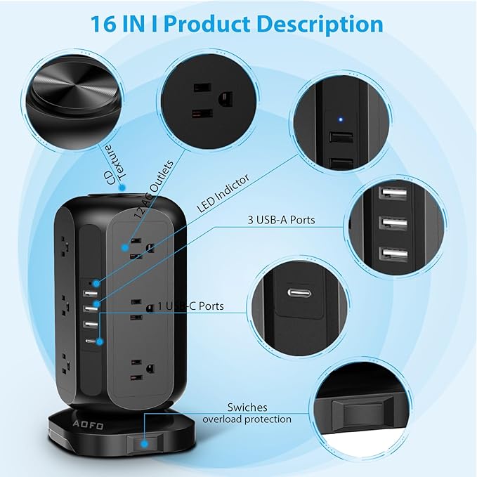 Power Strip Tower AOFO 12 AC Outlets with 4 USB(1 USB C) Ports Charging Station with Overload Protection, Widely Spaced Multiple Outlets with 10Ft Extension Cord for Home,Dorm & Office