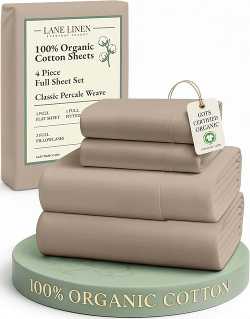LANE LINEN 100% Organic Cotton Sheets Set - Ultra Soft Percale Weave, GOTS Certified, Fits Up to 15" Deep Pocket (Full, Taupe)