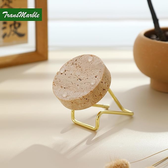 TransMarble Marble Phone Stand with Metal Holder, Charging Available While Using, Swipe Up to Unlock, Made of Natural Marble as Business Card Holder for Office Desk (Travertine Beige + Gold)