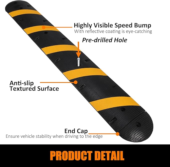 7 Ft Heavy Duty Speed Bump for Road, 84" Rubber Speed Bumps for Driveway, 1 Pack 2 Channel Modular Traffic Speed Bump Hump Cable Protector Ramps for Asphalt Concrete Gravel with 2 End Caps, 6 Spikes
