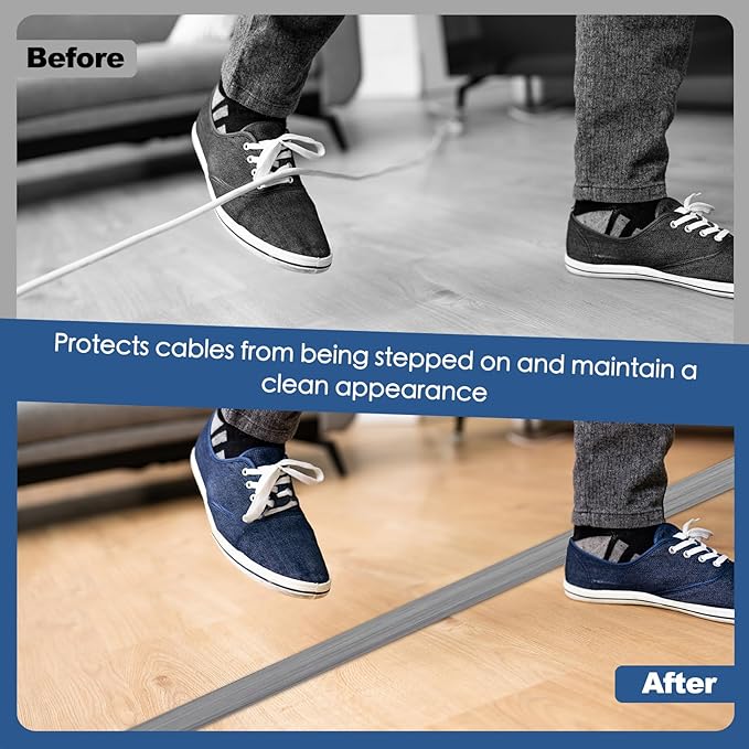 Floor Cord Cover for Wires on Floor Self Adhesive Cord Hider Floor Cable Management Wire Covers for Cords Protector Prevent Cable Trips Cord Cavity W 0.51" x H 0.31", Gray Wood, 10Ft
