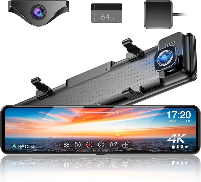 G850+ 12" 4K UHD Mirror Dash Cam Front and Rear with Zoom Backup Camera, 2160P Dual Rear View Mirror Camera for Cars & Trucks, 64GB Card Included, GPS, WDR, Night Vision, Parking Assist & G-Sensor