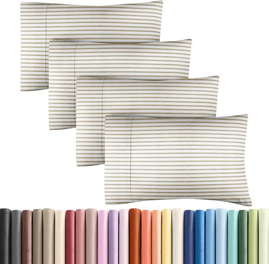 Skiennix Queen Pillow Cases Set of 4 - Ultra Soft Hotel Quality Covers - Wrinkle Free & Fade Resistant - Beige Stripes