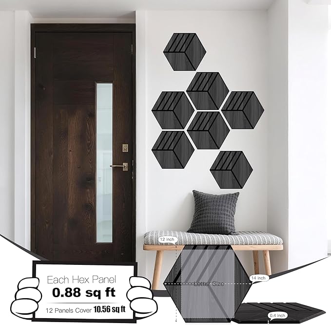Mollywell Acoustic Panels, PVC Wood-Grain, 14x12 Inch Hexagon Carved Sound Proof Wall Tiles, Self-Adhesive High Density Felt for Home Theater/Studio/Office Echo Reduction, 12 Pack Black Oak, S4