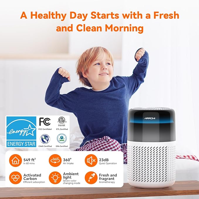 AIRROMI HEPA Air Purifier for Bedroom&Home,Pet Air Purifier for Home Pets,Removes Pet Odor,Cat Litter Smell,Dust,Smoke&Allergies,Quiet Room Air Purifier with Scents,360°Air Cleaner,A2005 White
