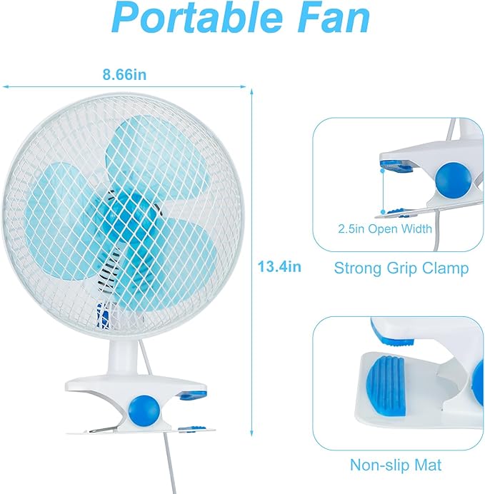 TeqHome 8.66" Portable Clip on Fan, 2 Speed Desk Fan with Auto Shaking Function, 180° Adjustable Tilt, Study Clamp, Personal Cooling Fan with 3.94ft Cord for Home Office Dorm