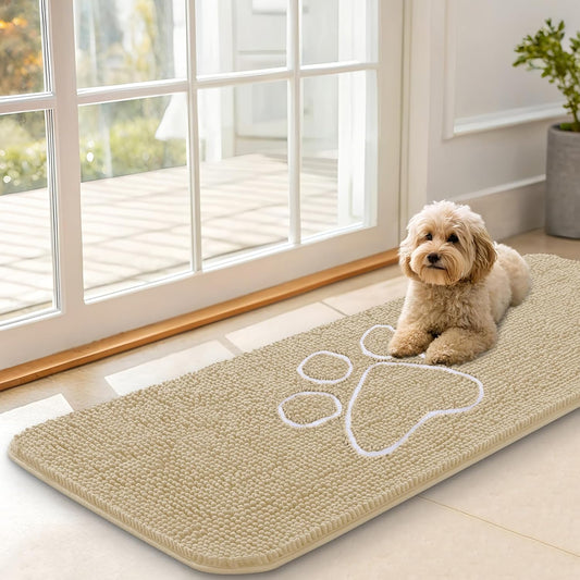 OLANLY Dog Door Mat - Absorbent Non-Slip Mud Mat for Paws | Quick Dry Chenille, 47x17, Beige