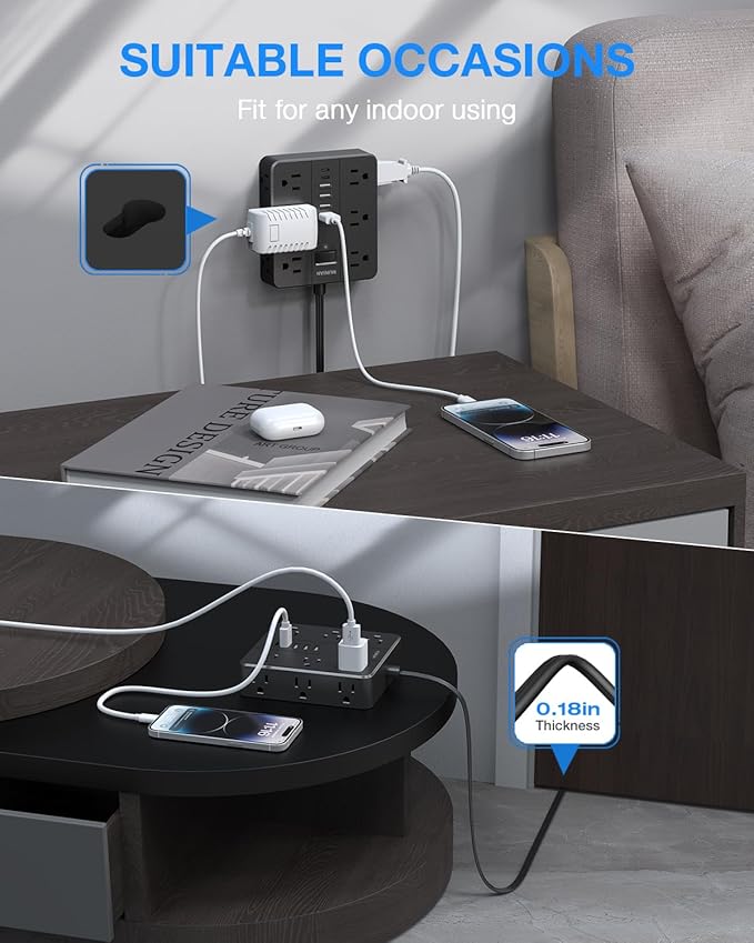 Flat Plug Power Strip, Flat Extension Cord Indoor 20 Feet, HUNIAN 12 Widely Spaced Outlets with 6 USB Charger (2 USB C Ports), Desk Charging Station for Home Office Supplies, Dorm Room, Black