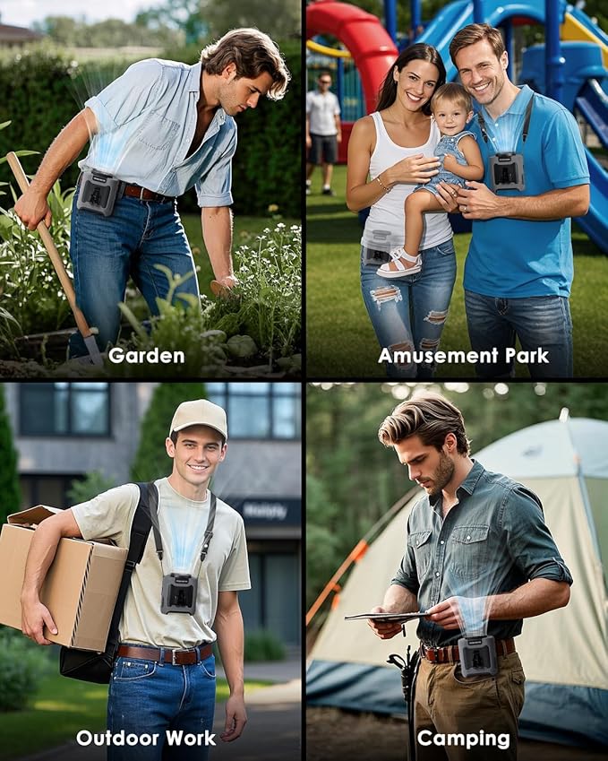 FANSEXPERT Portable Waist Fan Clip on, Personal Wearable Belt Fan 10000mAh Rechargeable Battery Under Shirt,5 Speeds with light, Neck Fan Hands-Free Cooling For Outdoor Camping Travel (Grey)