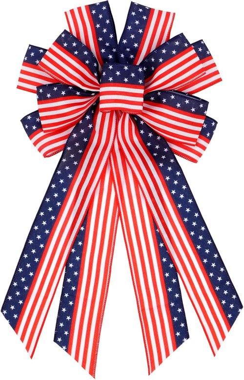 Large Patriotic Wreath Bow - 4th of July Decorations | Red, White & Blue American Flag Wired Ribbon