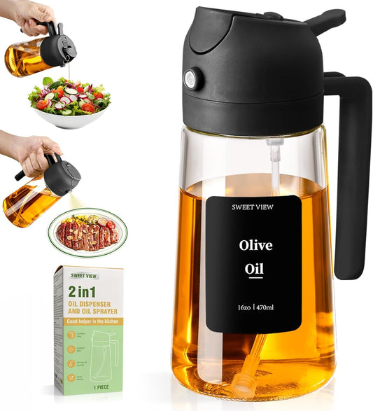 Sweet View Olive Oil Sprayer - 16oz Glass Dispenser for Cooking & BBQ | Kitchen Gadget (Black)