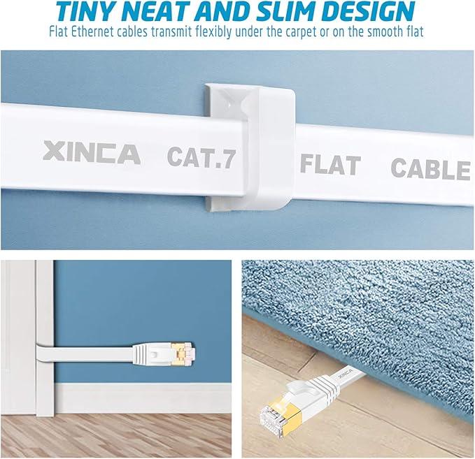 XINCA Cat 7 Flat Ethernet Cable 15ft White, High Speed 10GB Shielded (STP) LAN Internet Network Cable Ethernet Patch Computer Cable with Rj45 Connectors and 5pcs Adhesive Cable Clips