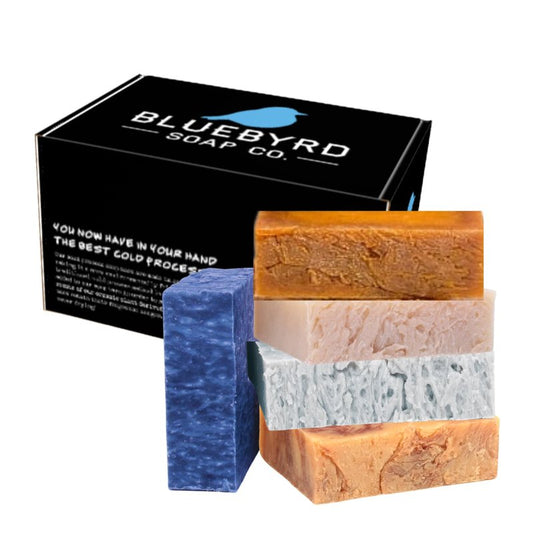 Bluebyrd Soap Co. Artisan 6 Pack Handmade Mens Soap Bars, Masculine Fragrance Scented Bar Soap for Men Variety Set, Natural Men's Exfoliating Soap Gift for Him, Mens Gift Pack, Sandalwood, Citrus Cedar Sage, Bay Runner, Deep Sea Pumice, Woods, Mountain, 4