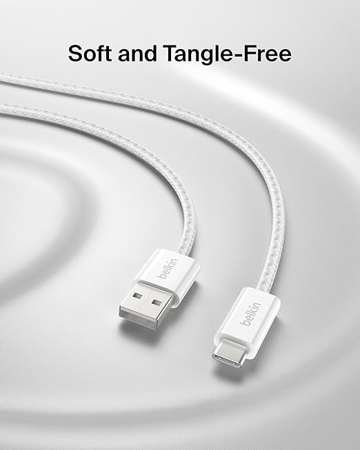 Belkin USB A to USB C Cable 2-Pack, 3.3ft, 15W - Type C Charger, iPhone Charger Cord, Soft, Braided, Flexible for iPhone 17 & 16, Galaxy S26, Pixel 10, iPad Pro, Airpods Pro, Switch & More - White