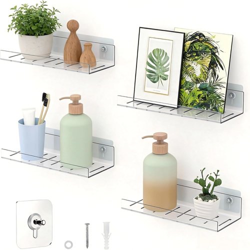 LAZYROSY Floating Shelves - Clear Acrylic Wall-Mounted Storage | No Drill Adhesive for Bathroom & Bedroom