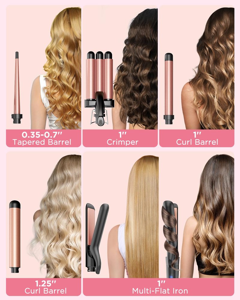 5 in 1 Wand Curling Iron-Kinked Curling Wand Set with Flat Iron Hair Straightener, 3 Barrels Hair Crimper, 3 Ceramic Curling Irons (0.35"-1.25"), 2 Temps Fast Heat Hair Waver Curler, Black