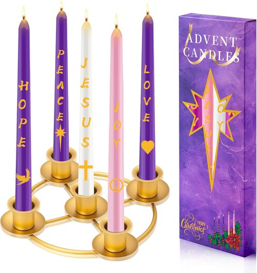 Advent Wreath Candle Holder Set - 5 Gold Taper Candles with Decorative Ring for Christmas Home Decor