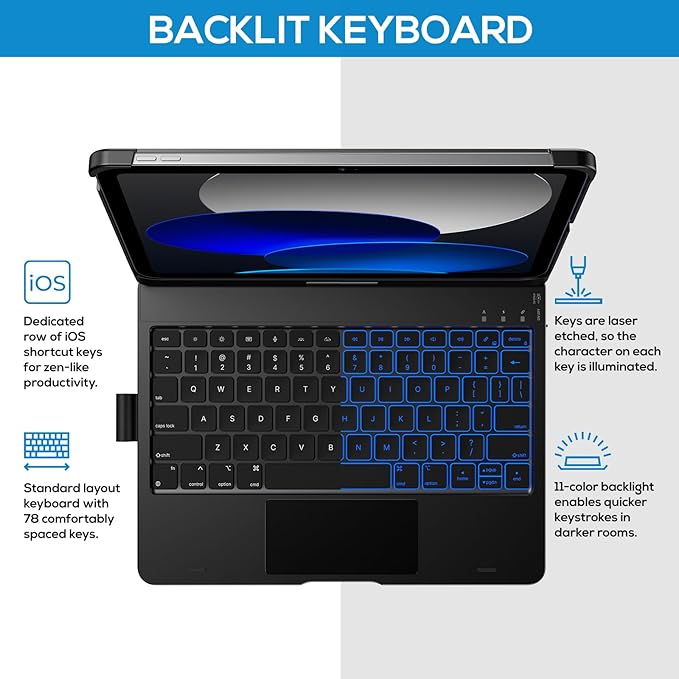 typecase Touch iPad 11th 10th Generation Case with Keyboard (11" 2025, A16 & 10.9" 2022) – 360° Rotatable, 11-Color Backlit, Multi-Touch Trackpad, Pencil Holder, Thin & Light – Black