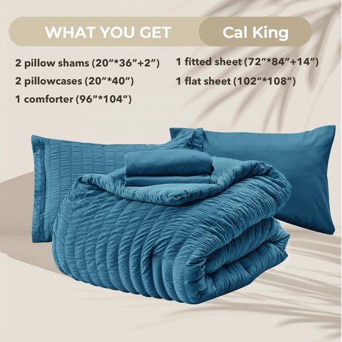 HYMOKEGE Teal California King Comforter Set Seersucker 7 Pieces, All Season Luxury Bed in a Bag for Bedroom, Bedding Set with Comforters, Sheets, Pillowcases & Shams