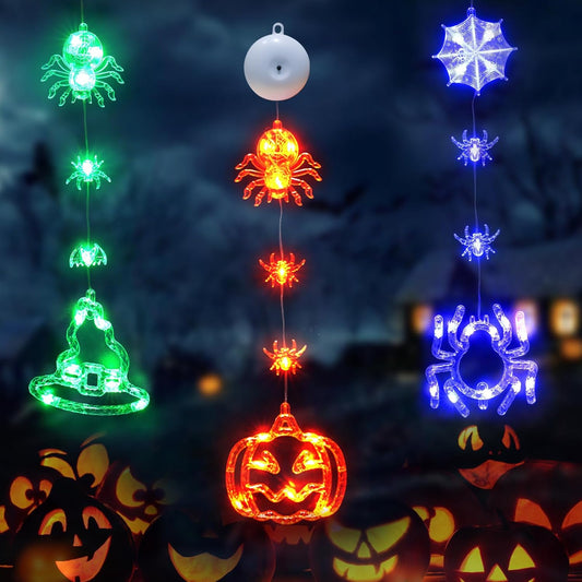 Suddus Halloween Lights - 3 Pack Battery Operated with Timer | Orange Pumpkin, Violet Spider & Green Witch Hat Decor