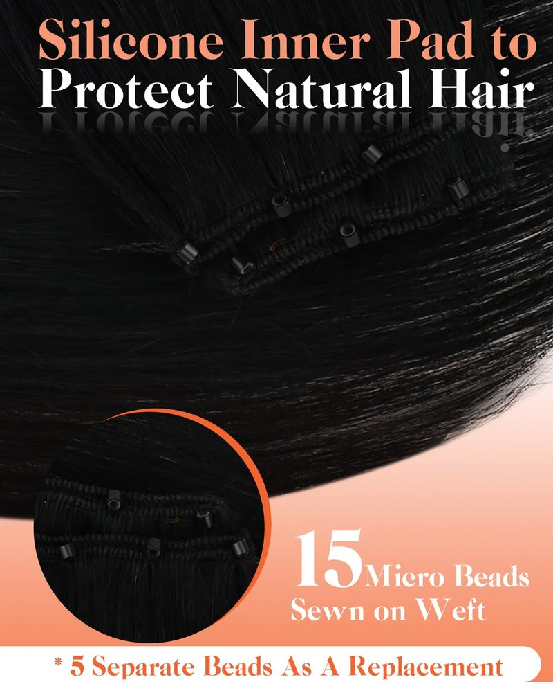 Sunny Hair Beaded Weft Hair Extensions Human Hair Black Micro Weft Sew in Extensions Real Human Hair Straight Hair Extensions Micro Beaded Hair Wefts Natural Black 16 inch 50G