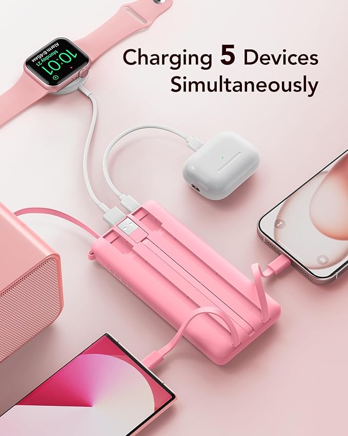 VRURC Portable Phone Charger, Travel Portable Charger with 4 Cables, 5 Outputs Slim USB C Power Bank for Hiking Camping Business, Built-in Cables for Multi Devices,Android-Barbie Pink(1 Pack)
