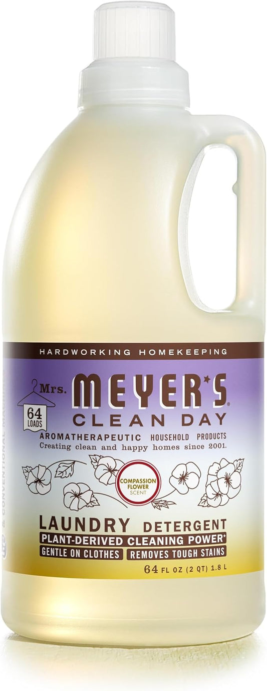 MRS. MEYER'S CLEAN DAY Liquid Laundry Detergent, Infused with Essential Oils, Compassion Flower, 64 oz (64 Loads)