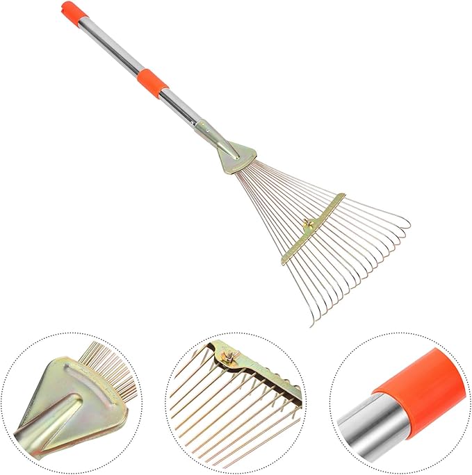 TIDTALEO Retractable Leaf Rake with 18 Stainless Steel Teeth, 80cm Telescopic Handle Lawn Tool for Garden and Yard Cleaning, Heavy Duty Small Lawn Rake for Leaves and Grass