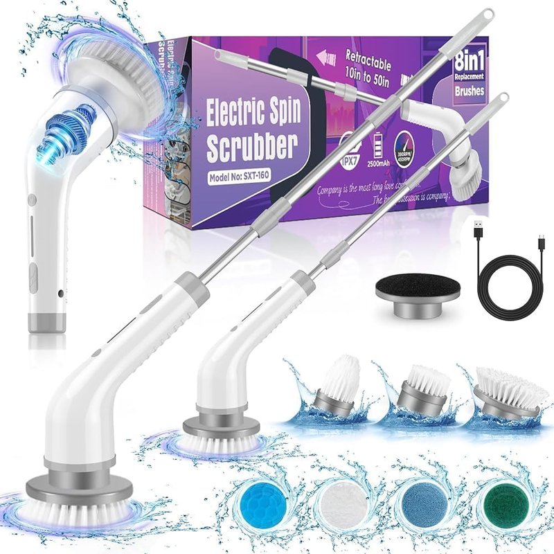 Electric Spin Scrubber, 2 Spin Speeds Cordless Shower Scrubber with 7 Replaceable Brush Heads & Adjustable Extension Arm, Shower Cleaning Brush for Bathtub Tile Floor