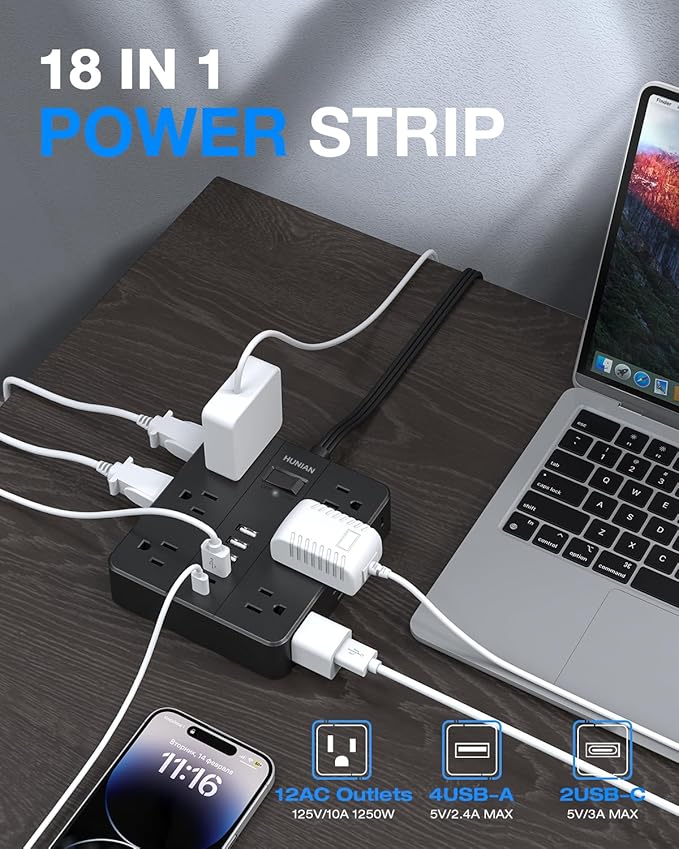 Extension Cord 25 Ft, HUNIAN Flat Plug Power Strip, 12 Widely Spaced Outlets with 6 USB Charger (2 USB C Ports), Desk Charging Station for Home Office Supplies, Dorm Room, Black