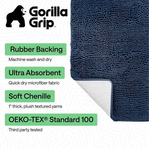 GORILLA GRIP Bath Rug Mat - Soft Absorbent Chenille | Quick-Dry Microfiber, 60x17, Navy Blue
