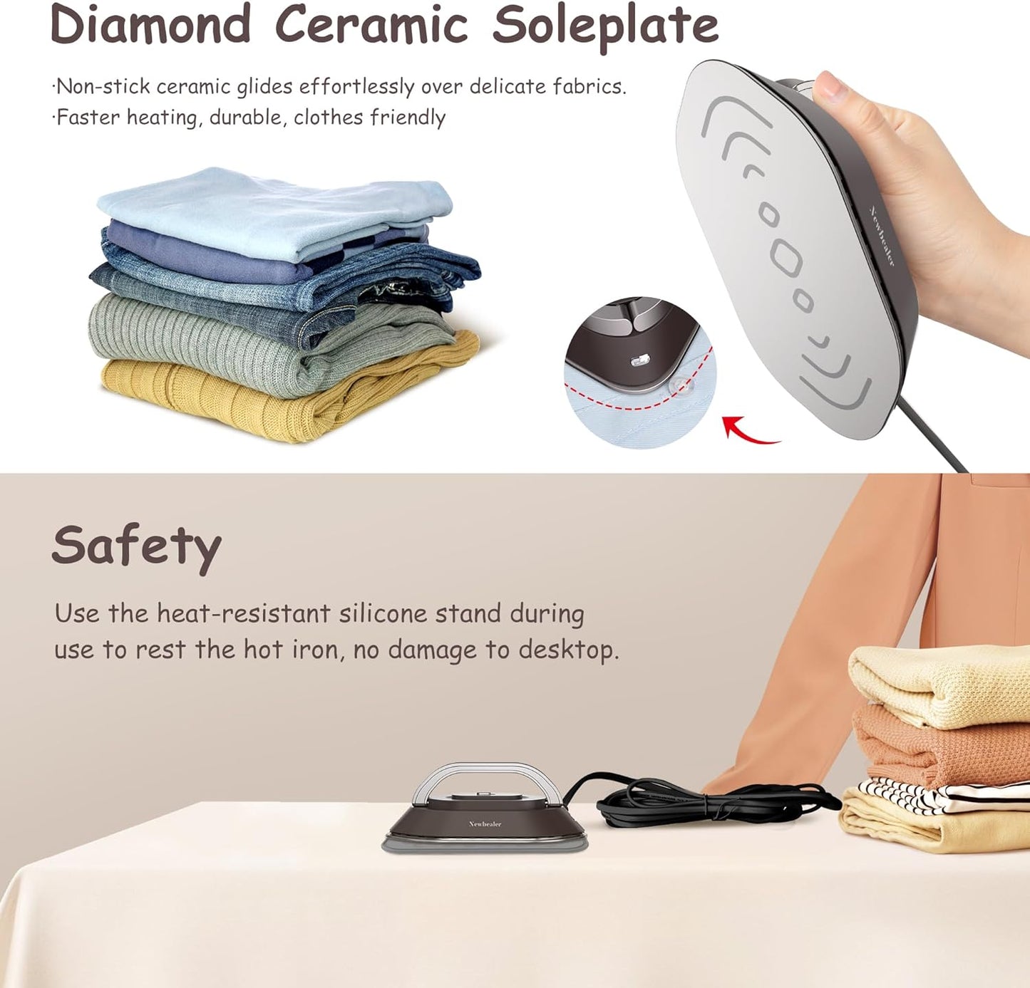 Newbealer Travel Iron - Mini Dry Iron with Global Voltage, 300W, Non-Stick Soleplate | Ultra-Lightweight, Brown
