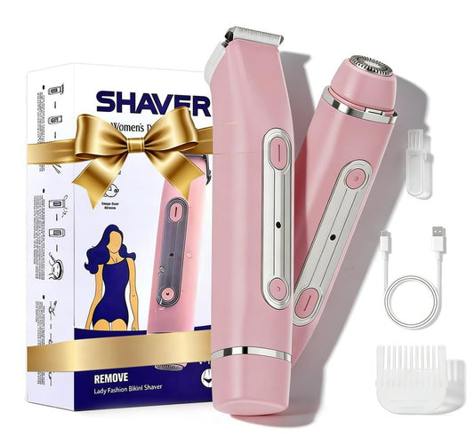 Bikini Trimmer for Women - 2 in 1 Dual Head Electric Razor, Painless Pubic & Body Hair Remover for Face, Legs, Underarms, IPX6 Waterproof, Cordless Rechargeable for Travel, Gift for Her(Pink+Purple)