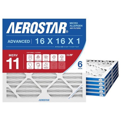 Aerostar MERV 11 Air Filter - 16x16x1 HVAC Filter for Dust & Allergies | 6 Count, Made in USA