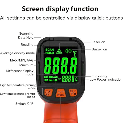 MOONASCEND 50:1 Infrared Thermometer Temperature Gun, -58°F to 1796°F Digital Laser Temp Gun for Cooking, Pizza Oven, BBQ, Fridge IR Thermometer Gun for HVAC, Engine, and Industrial Use