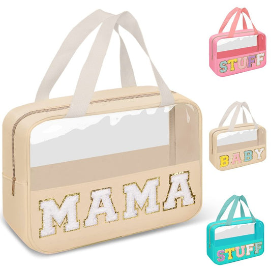 Preppy Clear Mama Makeup Bags with Chenille Letter Patches, Travel Essentials Large Clear Make up Bag Zipper Pouch with Handle, Waterproof Nylon Cosmetic Toiletry Storage Tote for Women (MAMA-Beige)