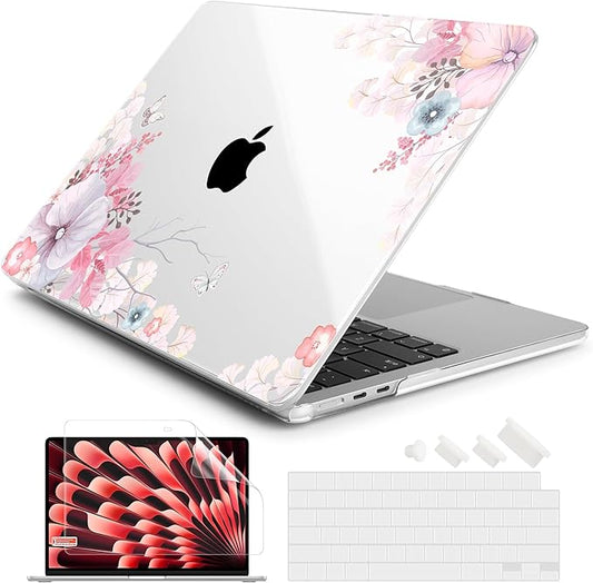 Batianda Premium Case for New MacBook Air 15 inch with M5 M4 M3 M2 Chip 2026 2025 2024 2023 Release, Designed Ultra-Slim Hardshell & Keyboard Cover & Screen Protector 4-in-1 Bundle, Lovely Flower