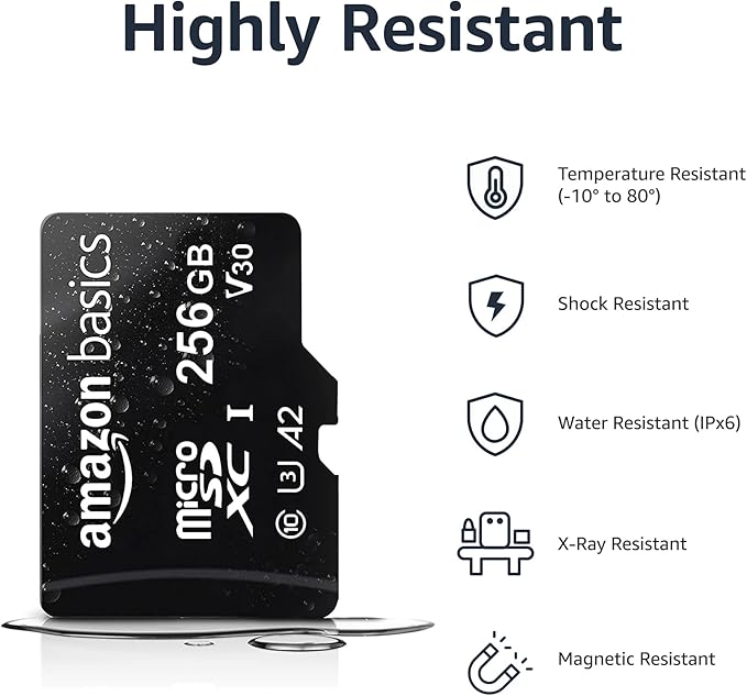 Amazon Basics microSDXC Memory Card with Full Size Adapter, A2, U3, Read Speed up to 100 MB/s, 256GB, Black
