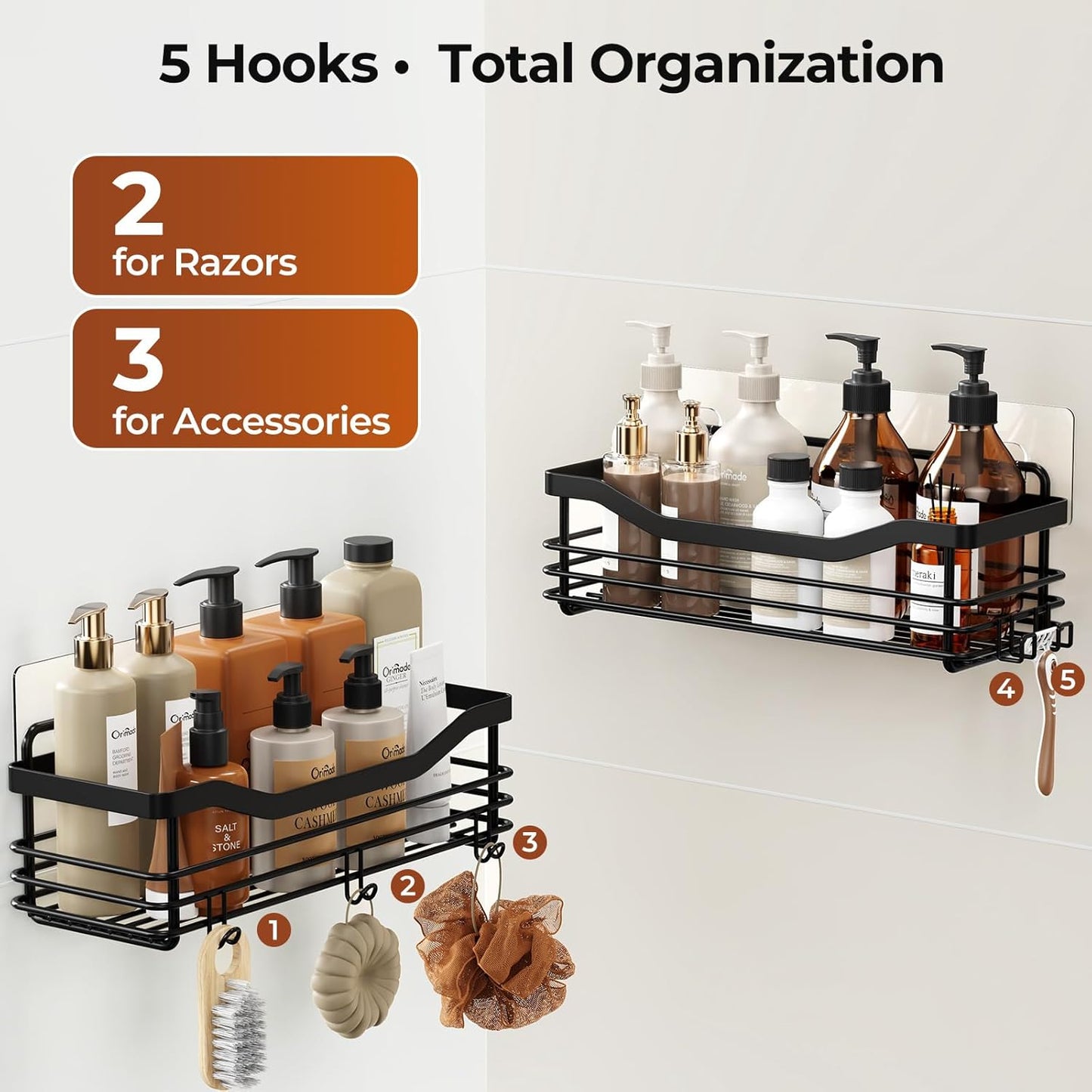 Orimade Shower Caddy - Wall-Mounted Bathroom Organizer with 5 Hooks | No Drilling, SUS304 Stainless Steel - 3 Pack, Black