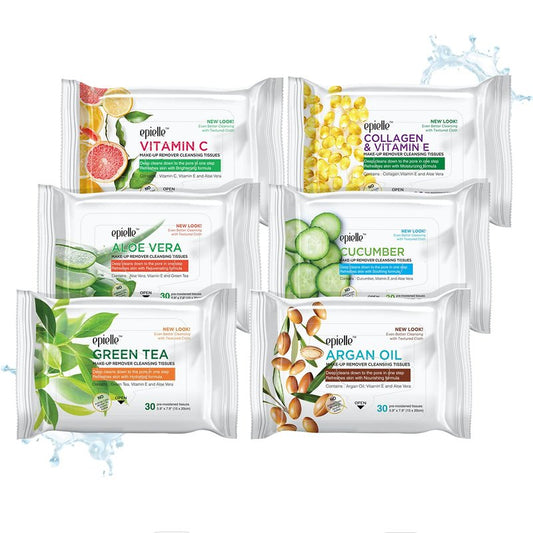 Epielle Gentle Skin Cleansing Wipes, 6 pack of 30 count each of Vitamin C, Cucumber, Aloe Vera, Collagen&Vitamin E, Green Tea, and Argan, Alcohol-Free, Hypoallergenic, Natural Extracts, Oily Skin.