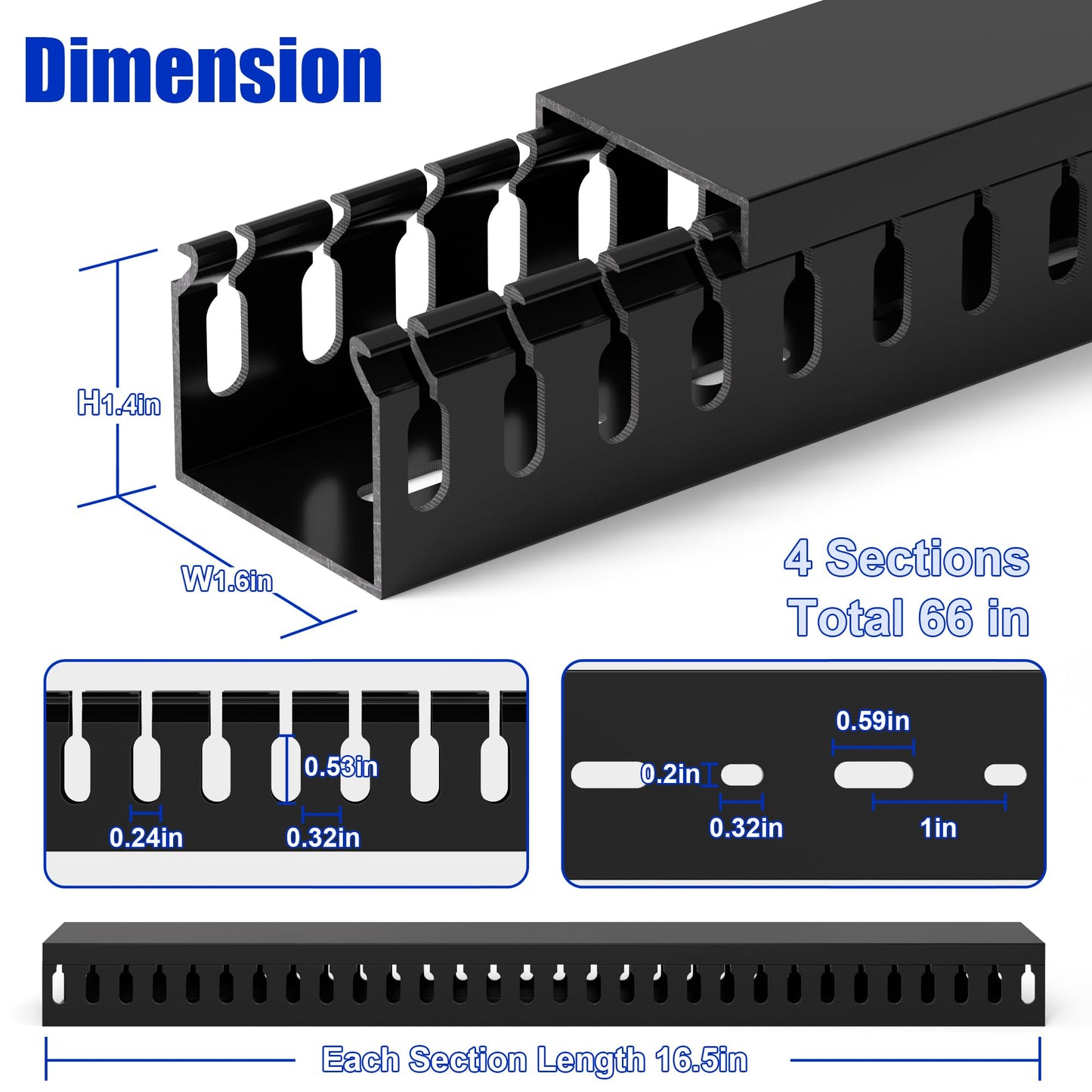 ZhiYo H1.4 W1.6in Professional Server Rack Cable Management Raceway, 66in (4X L16.5in) Cable Raceway Kit, Electrically Safe PVC Open Slot Wire Raceway for Under Desk/Computer/Network Cords, Black